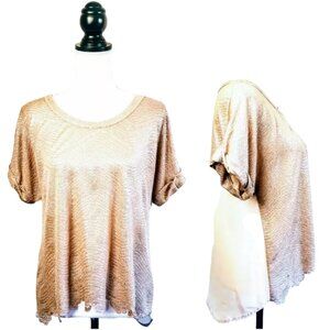 MISS ME Crop Top, Gold Tan 100% Polyester Shimmery Short Sleeve High Low Boho, M